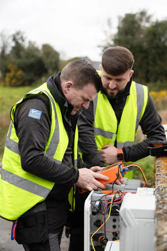 Two 021 Electrician team members testing outdoor solar electrical equipment in Cork.